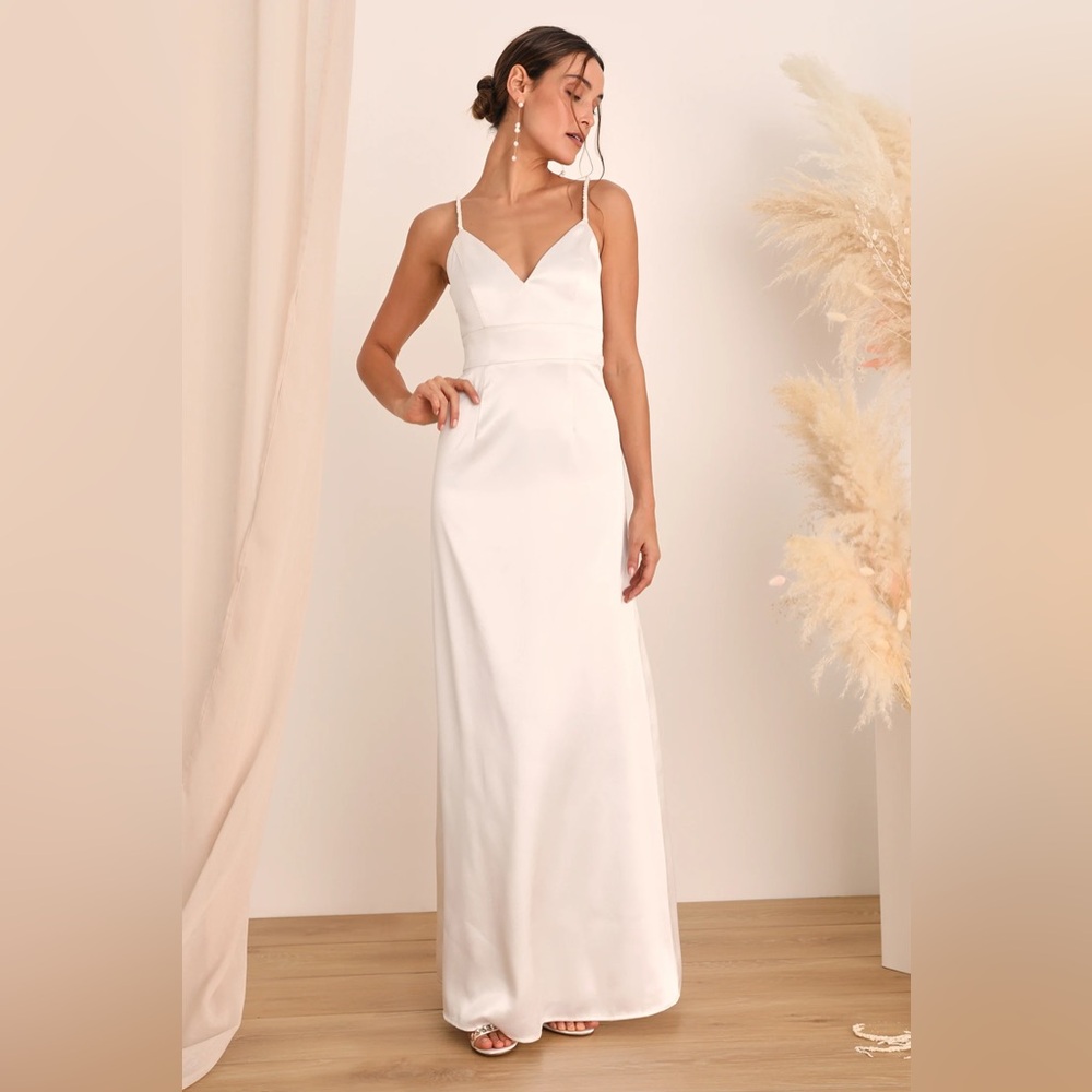NEW Lulu’s Ready For Forever White Satin Pearl Tie-Back Maxi Dress - Picture 5 of 9